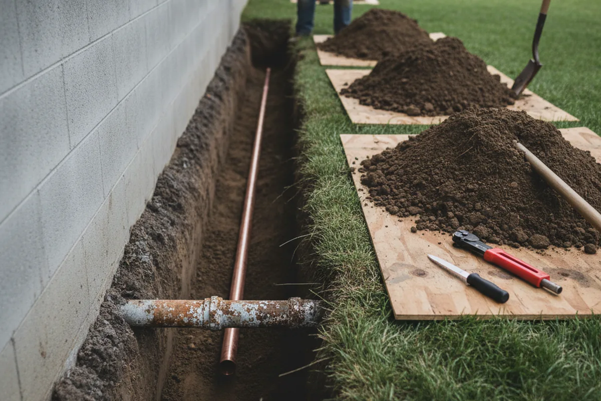 Excavated water line trench during Water Softener Installation in Sardis